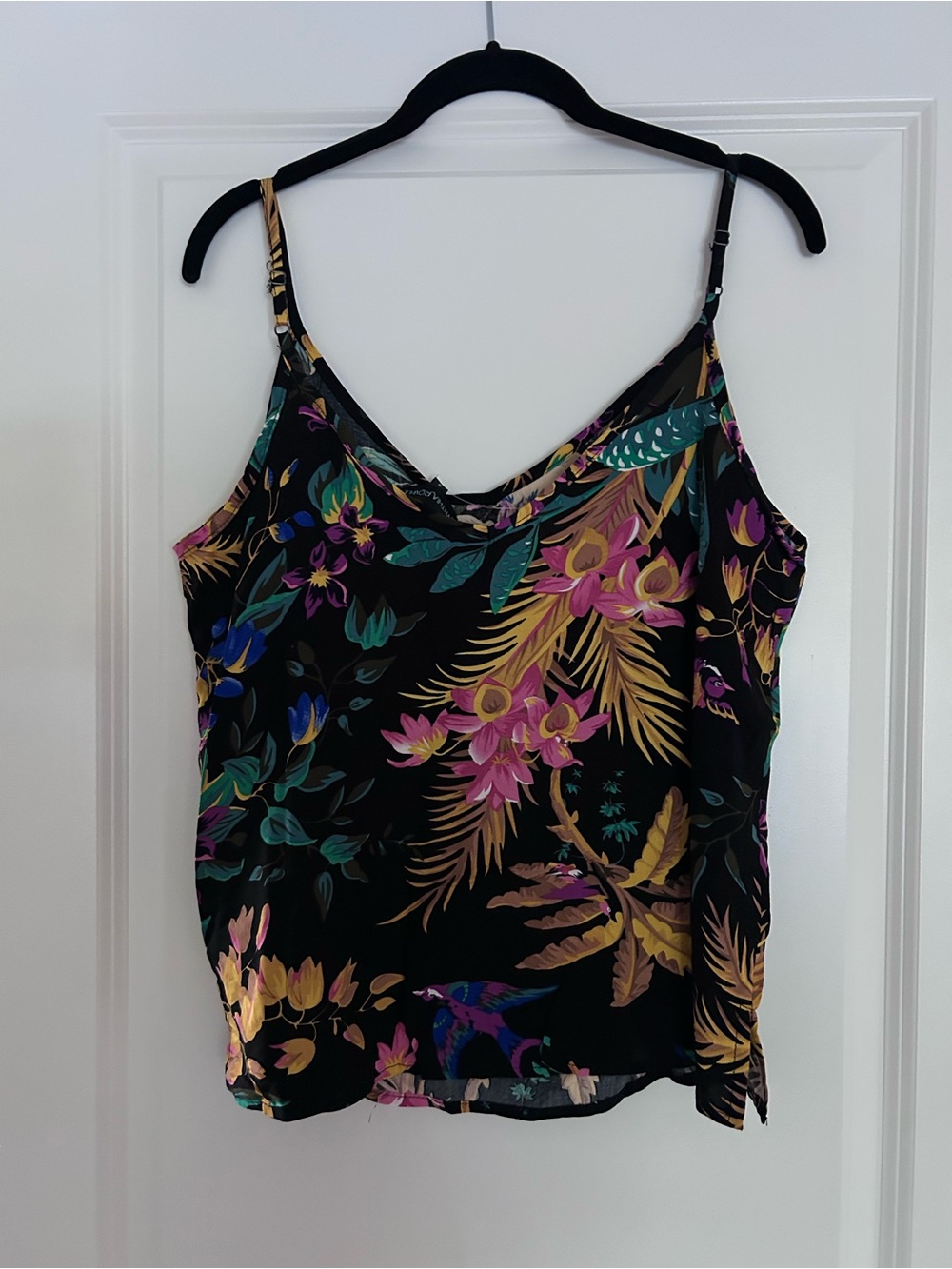 Cynthia Rowley Black Floral V-Neck Cami with Pink, Teal & Gold Accents